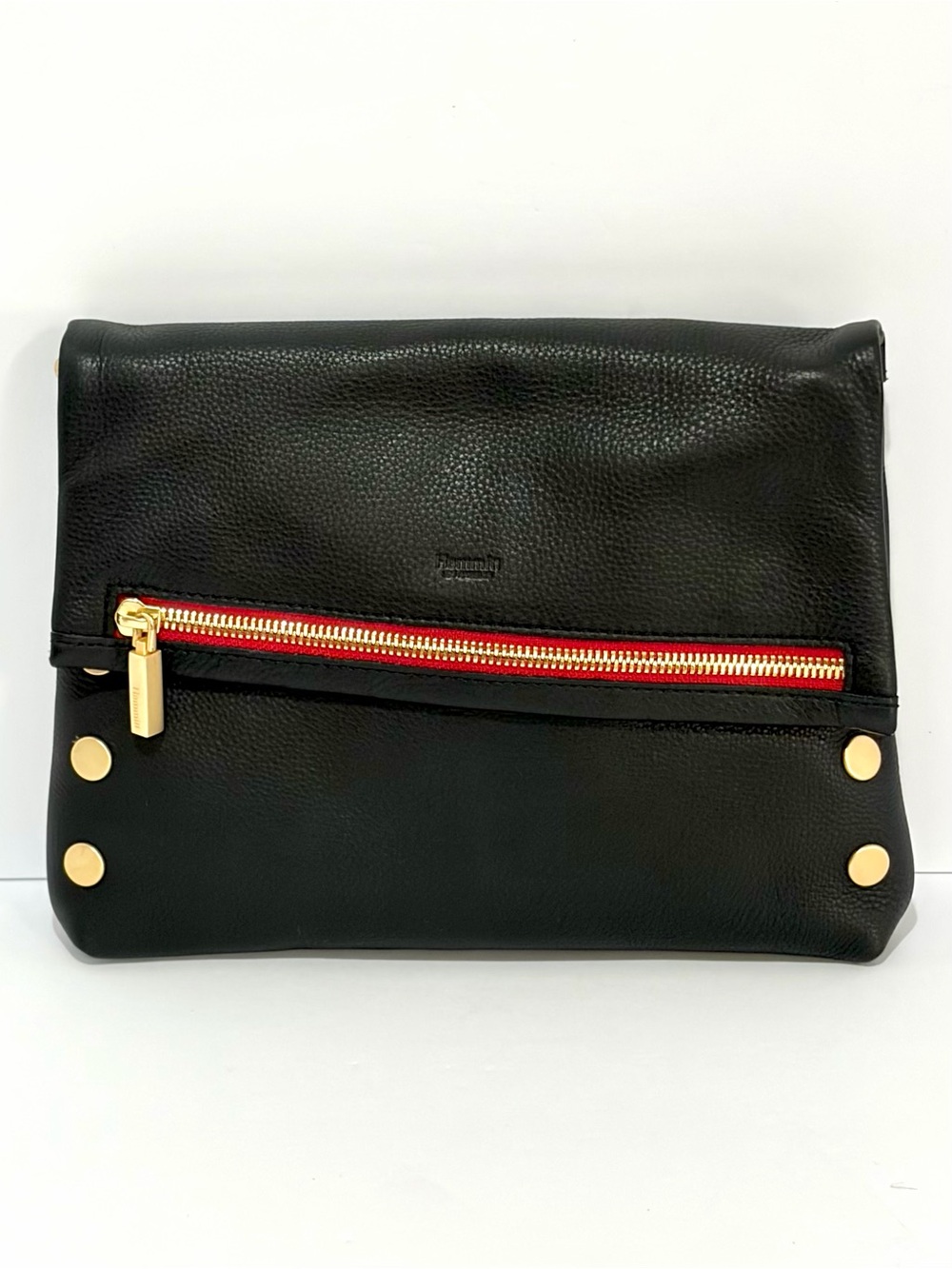 Hammitt VIP Medium Crossbody In Black Leather/Brushed Gold/Red Zip EUC